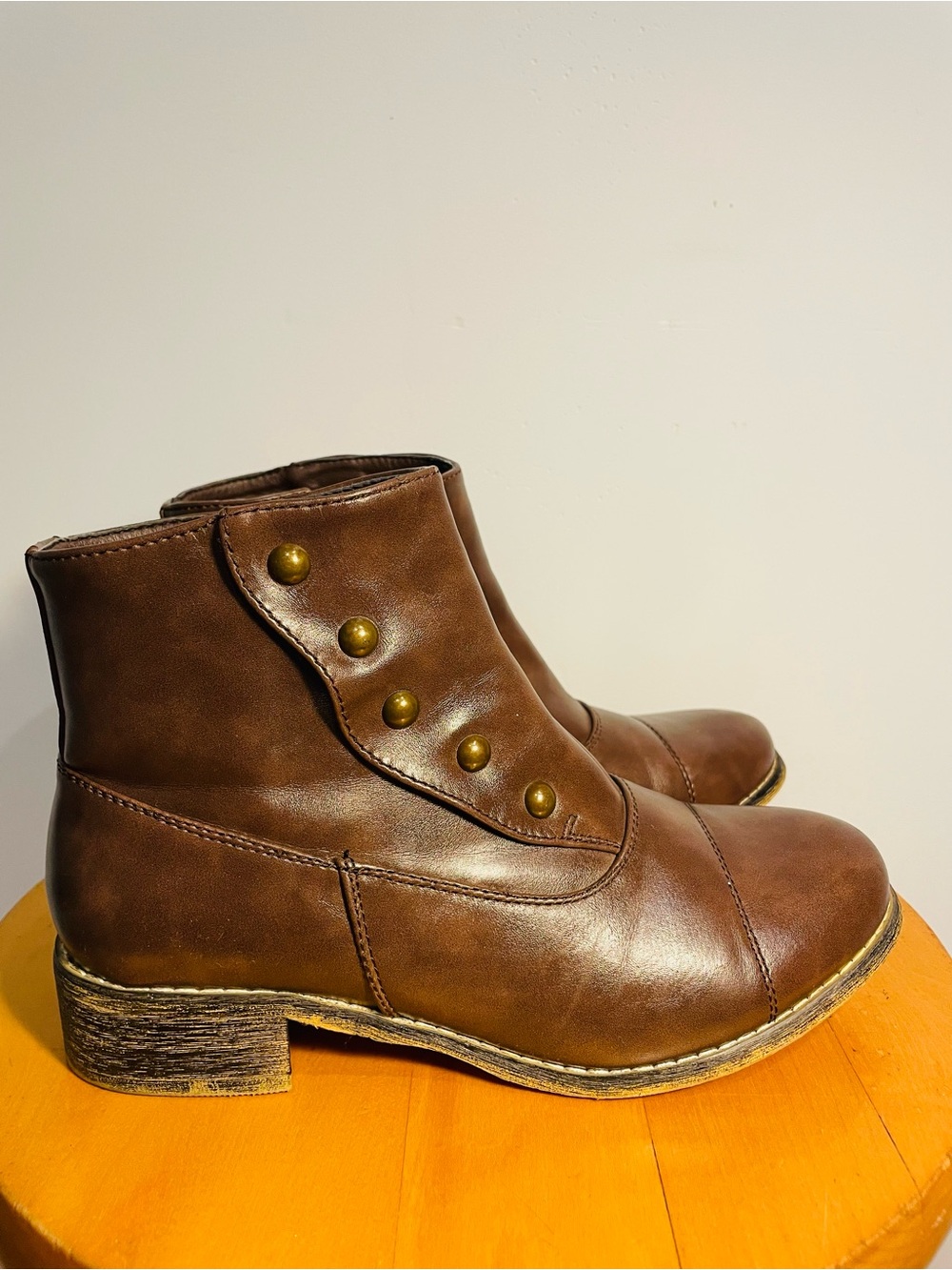 Brown Women's Leather Ankle Booties with Side Zip and Button Detail